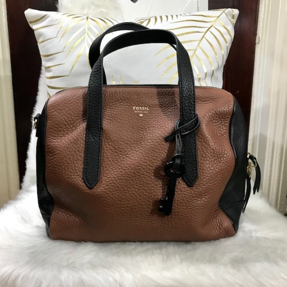 Fossil Handbags - Fossil brown and black cowhide leather satchel